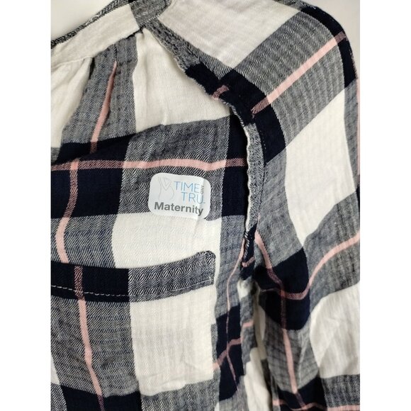 Time and Tru Maternity Womens Large Woven Button Up Top Blue Plaid Shirt - Picture 3 of 10